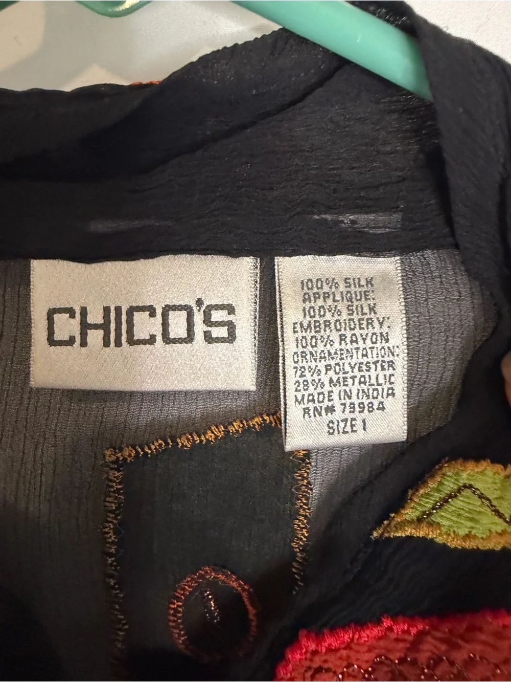 Chico's Silk Sheer Black Floral Embroidered Jacket / Full Zip Top - Picture 3 of 5